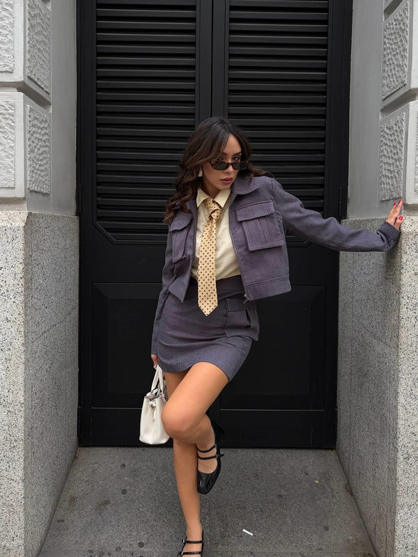 Kadife Cep Detay Mini Etek Antrasit