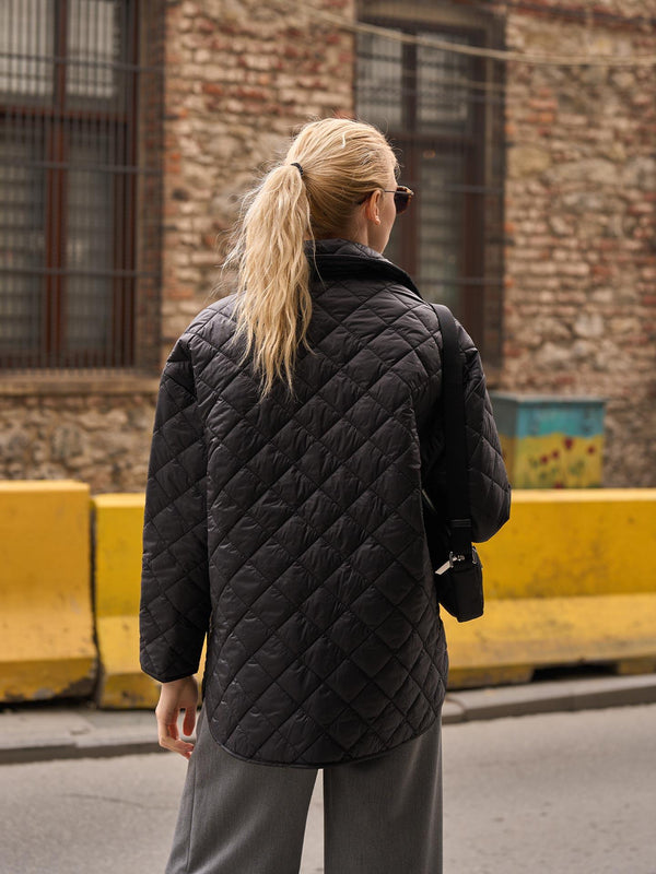 Kapitone Düğme Detay Oversize Ceket Siyah