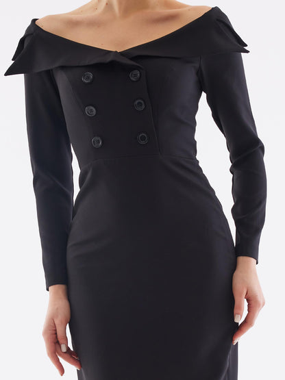 Kayık Yaka Düğme Detay Siyah Midi Elbise