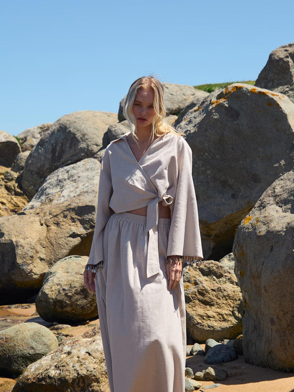 Keten Kol Detaylı Bej Kimono Bluz