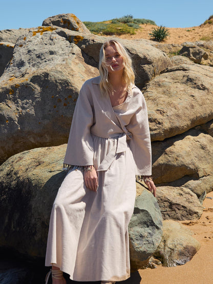 Keten Kol Detaylı Bej Kimono Bluz