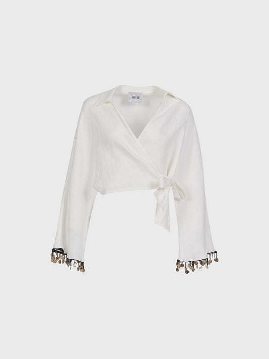 Keten Kol Detaylı Ekru Kimono Bluz