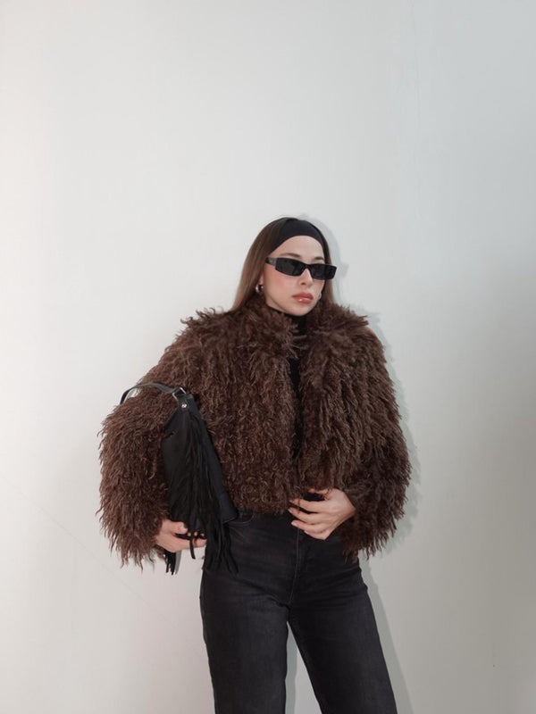 Kürk Crop Ceket Kahverengi