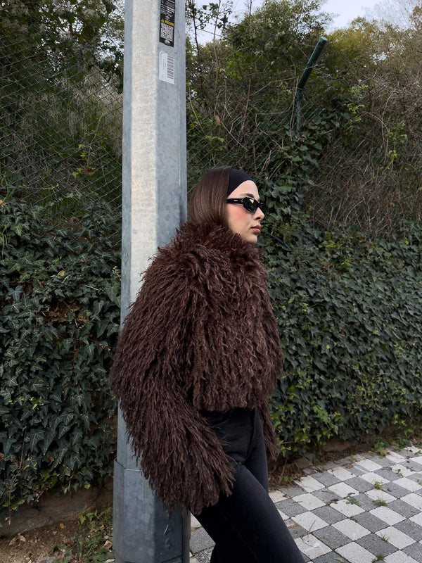 Kürk Crop Ceket Kahverengi