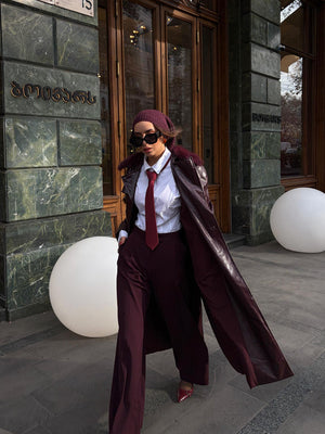 Kürk Yaka Deri Trençkot Bordo