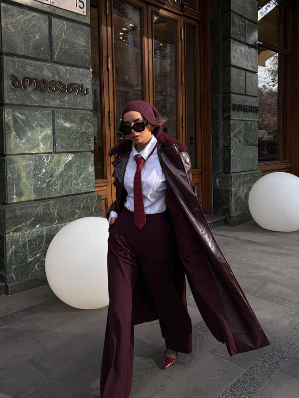 Kürk Yaka Deri Trençkot Bordo