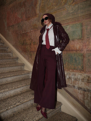 Kürk Yaka Deri Trençkot Bordo