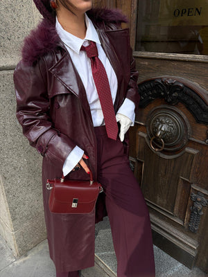 Kürk Yaka Deri Trençkot Bordo