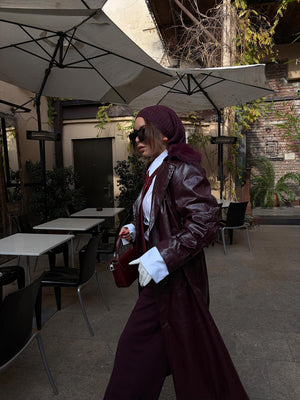 Kürk Yaka Deri Trençkot Bordo