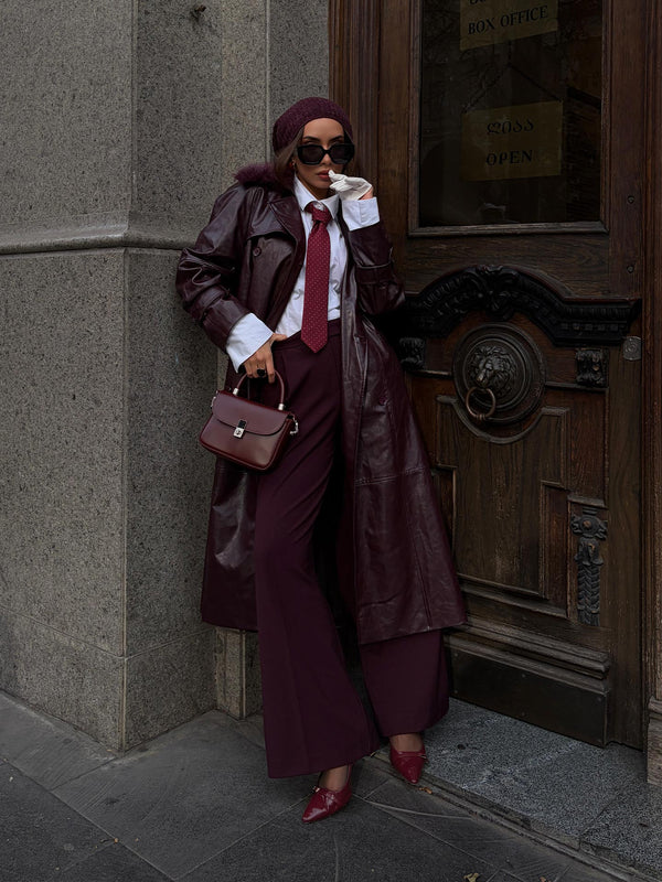 Kürk Yaka Deri Trençkot Bordo