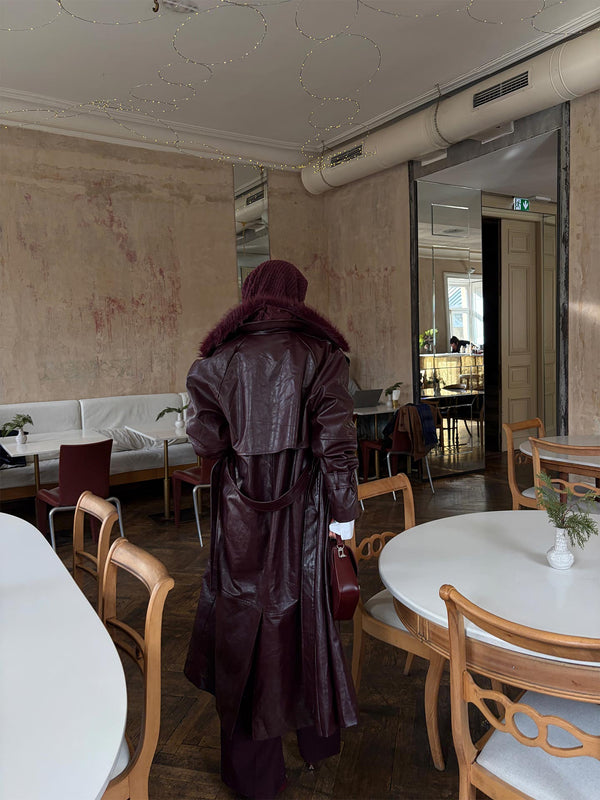 Kürk Yaka Deri Trençkot Bordo