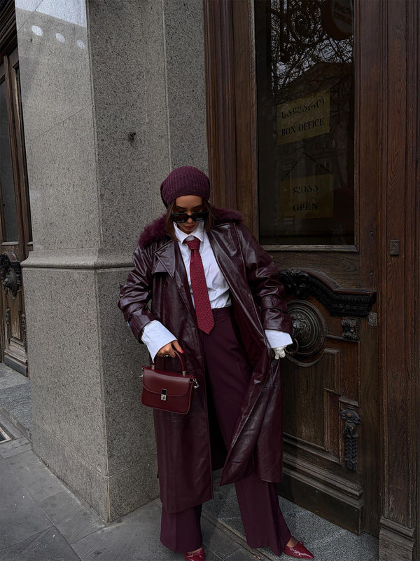 Kürk Yaka Deri Trençkot Bordo