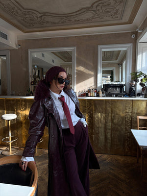 Kürk Yaka Deri Trençkot Bordo