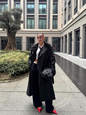 Kürk Yaka Deri Trençkot Siyah