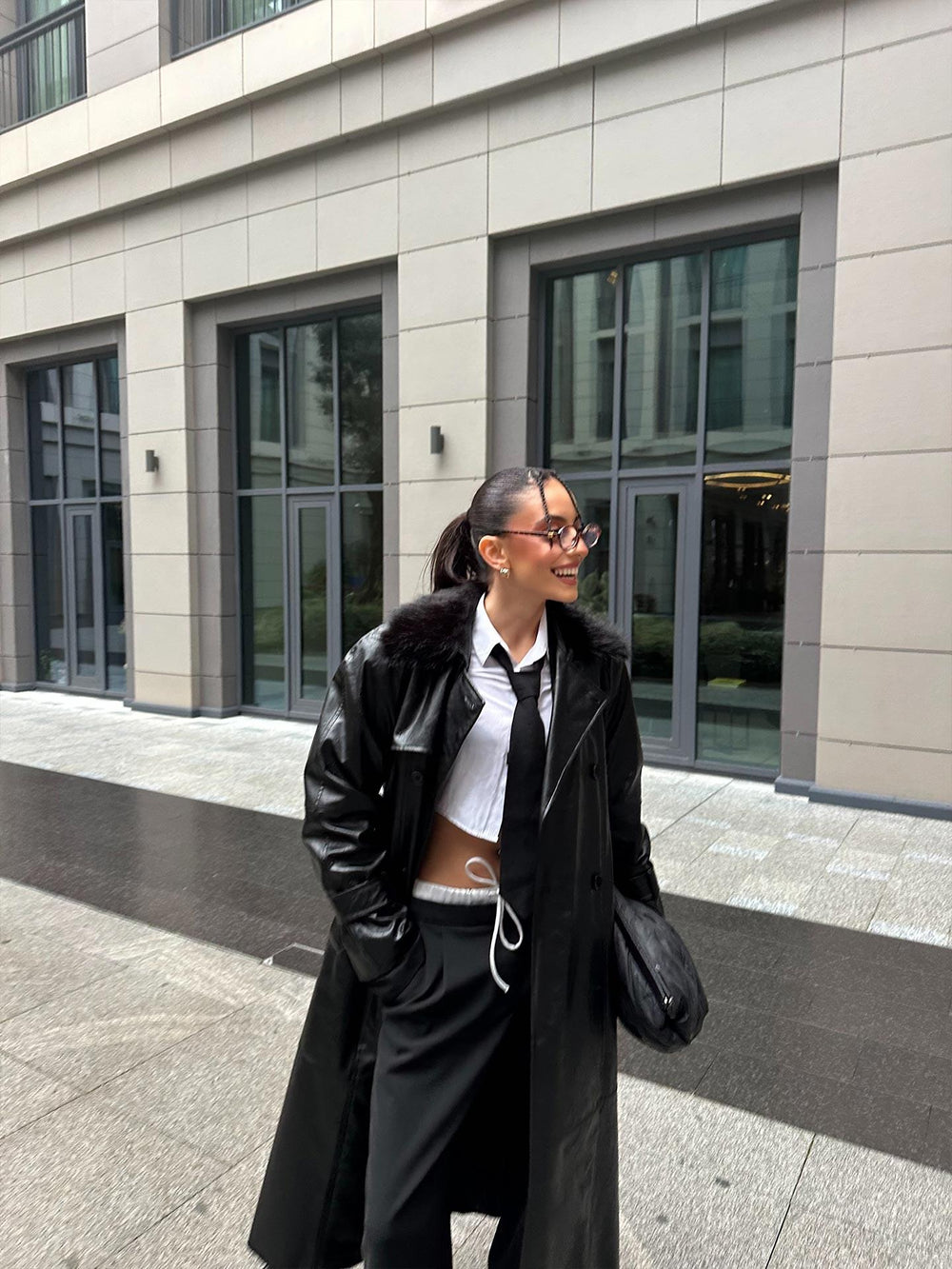 Kürk Yaka Deri Trençkot Siyah