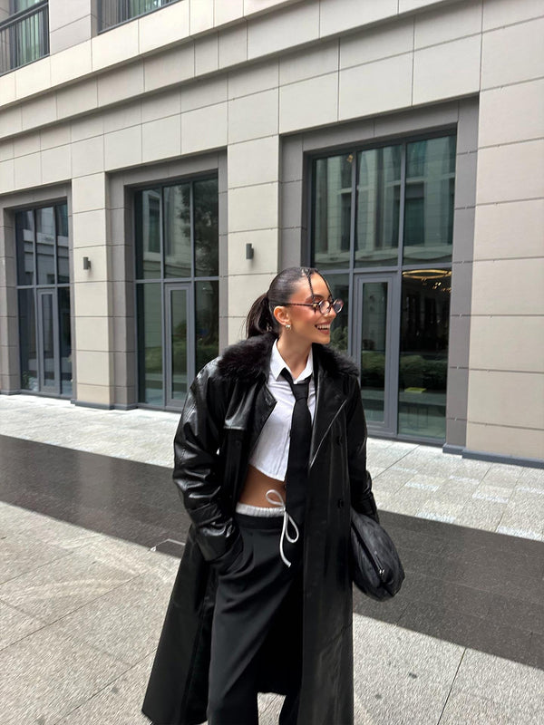 Kürk Yaka Deri Trençkot Siyah