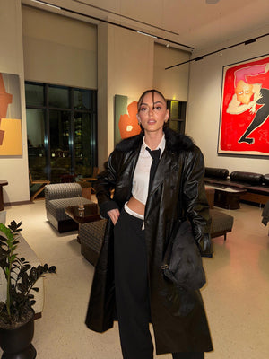 Kürk Yaka Deri Trençkot Siyah