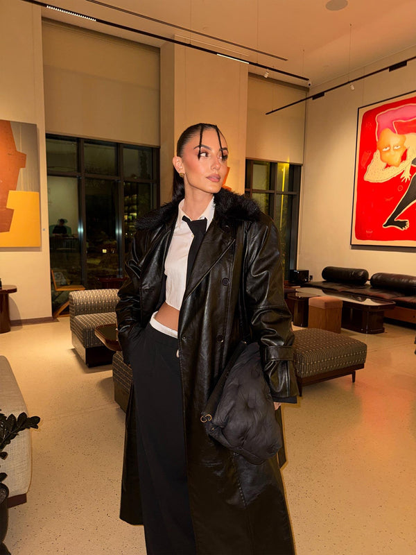 Kürk Yaka Deri Trençkot Siyah