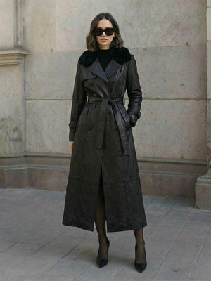 Kürk Yaka Deri Trençkot Siyah