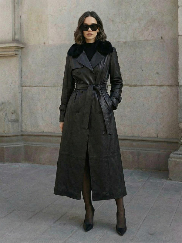 Kürk Yaka Deri Trençkot Siyah