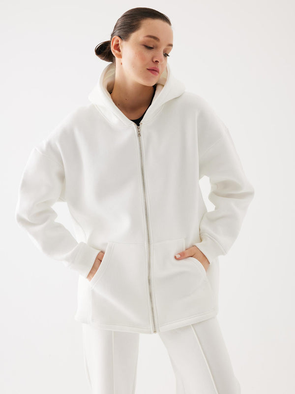 Off-White Fermuarlı Kapüşonlu Oversize Unisex Sweatshirt