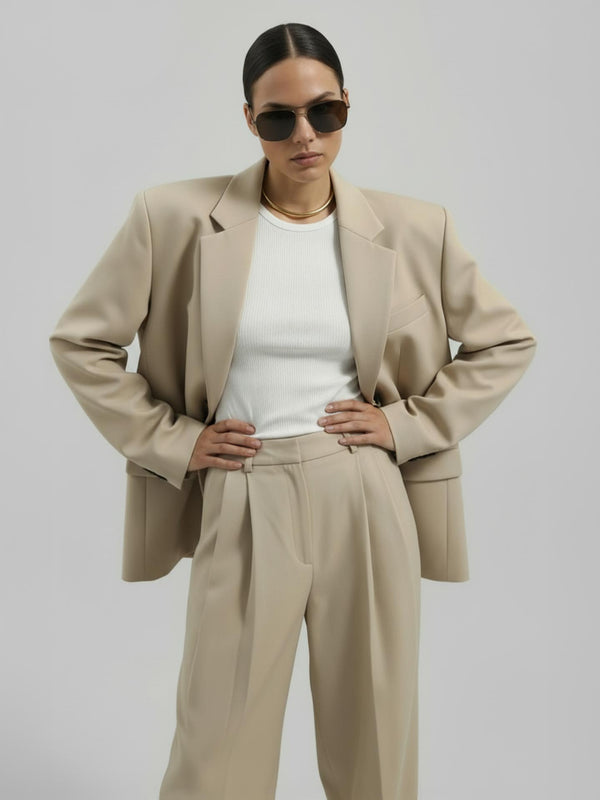 Oversize Düğmeli Blazer Ceket Bej