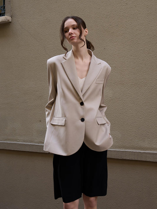 Oversize Düğmeli Blazer Ceket Bej