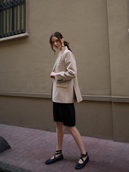 Oversize Düğmeli Blazer Ceket Bej