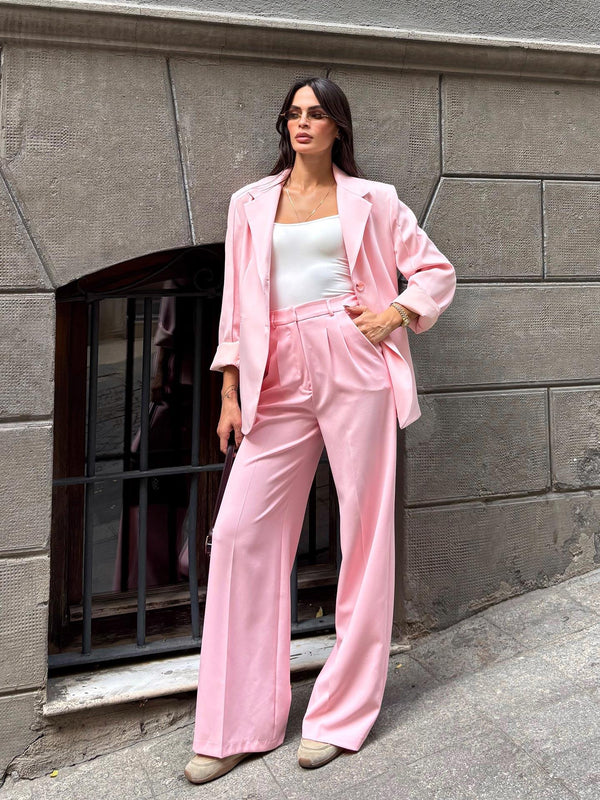Oversize Kolları Dikiş Detaylı Blazer Ceket Pembe