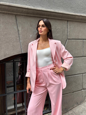 Oversize Kolları Dikiş Detaylı Blazer Ceket Pembe