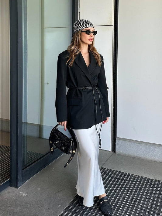 Oversize Kuşaklı Blazer Ceket Siyah