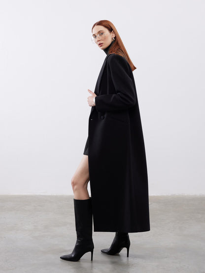 Oversize Siyah Kaşe Kruvaze Kaban