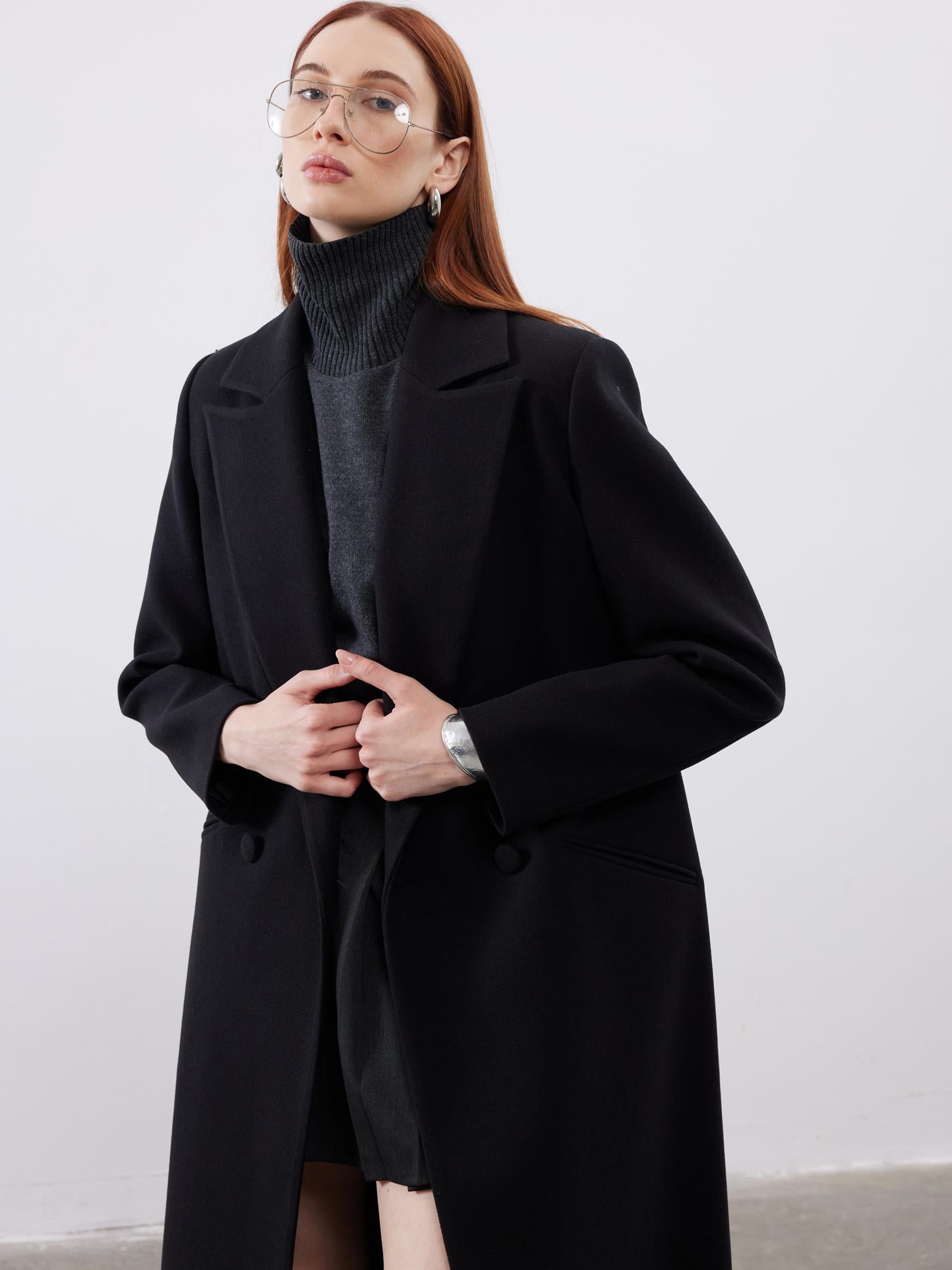 Oversize Siyah Kaşe Kruvaze Kaban