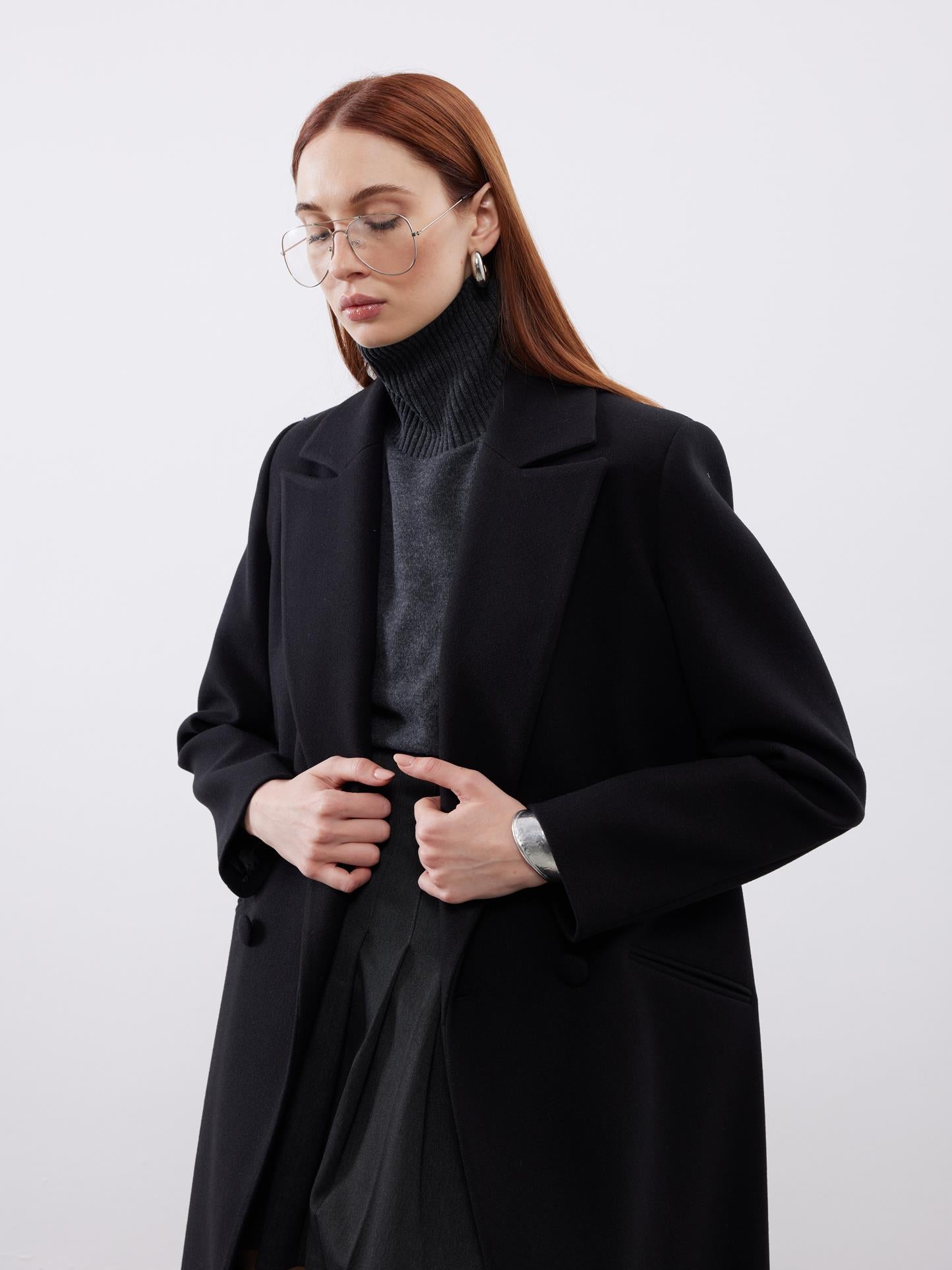 Oversize Siyah Kaşe Kruvaze Kaban