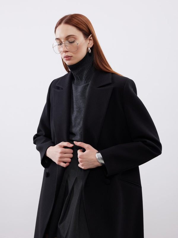 Oversize Siyah Kaşe Kruvaze Kaban
