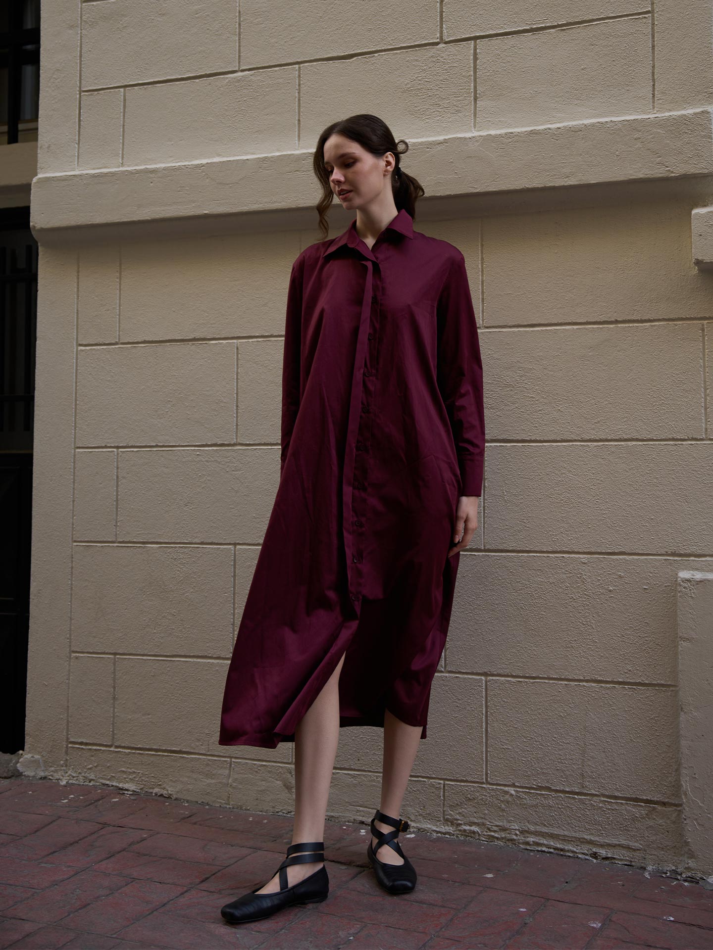 Poplin Oversize Uzun Gömlek Elbise Bordo