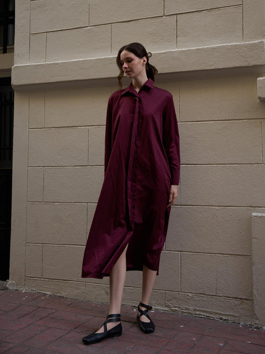 Poplin Oversize Uzun Gömlek Elbise Bordo