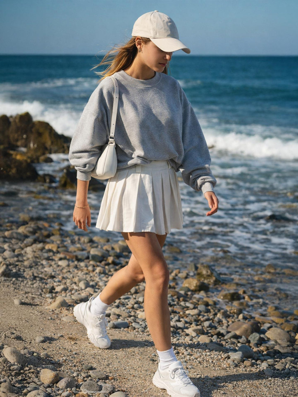 Piliseli Keten Mini Etek Beyaz