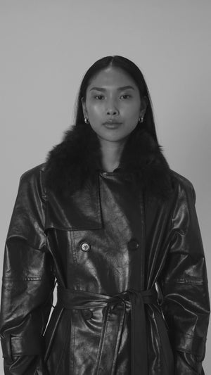 Kürk Yaka Deri Trençkot Siyah