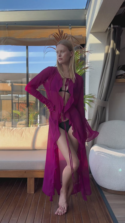 Şifon Fırfırlı Pareo Kimono Saks