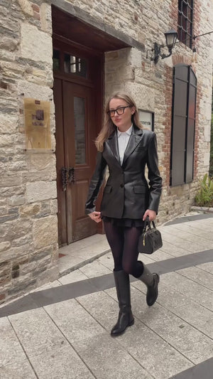 Punto Dikiş Detay Bele Oturan Deri Blazer Ceket Siyah