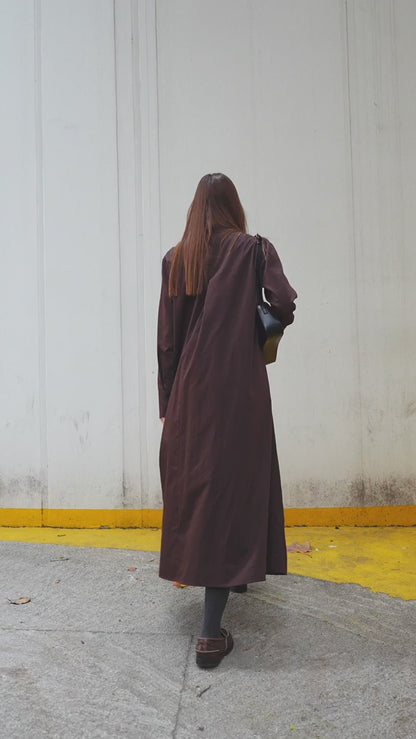 Poplin Oversize Uzun Gömlek Elbise Kahverengi