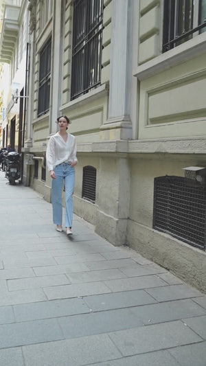 Wide Leg Dikişsiz Paça Jeans Mavi