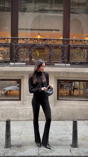 Dokulu Bisiklet  Yaka Düğme Detaylı Ceket Siyah