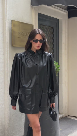 Büzgü Detay Oversize Deri Kısa Trençkot Siyah