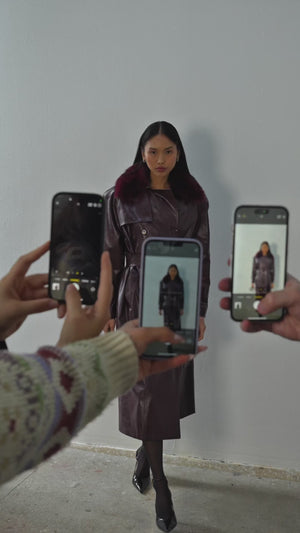 Kürk Yaka Deri Trençkot Bordo