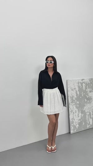 Piliseli Keten Mini Etek Beyaz