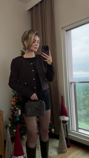 Dokulu Bisiklet  Yaka Düğme Detaylı Ceket Kahverengi