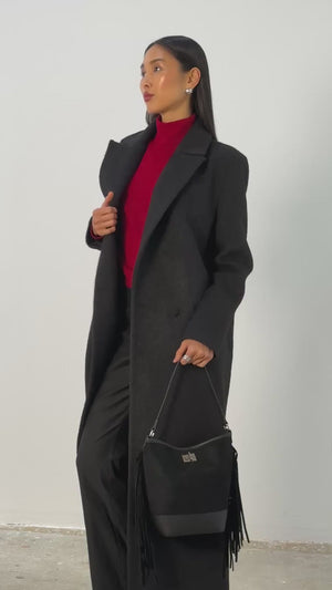 Süet Püsküllü Omuz Çantası Siyah