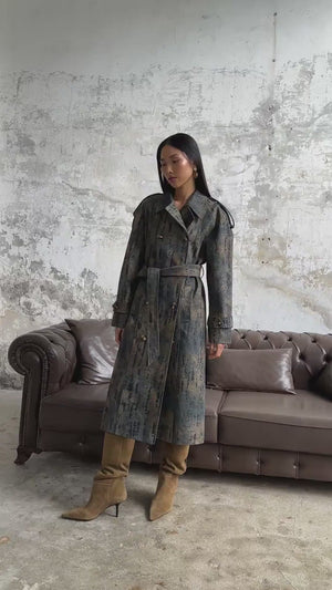 Flok Desenli Trençkot Lacivert